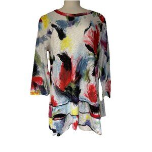 Jess & Jane Womens Cape Cod Tunic Top Medium 3/4 Sleeves Multicolor Brushstroke